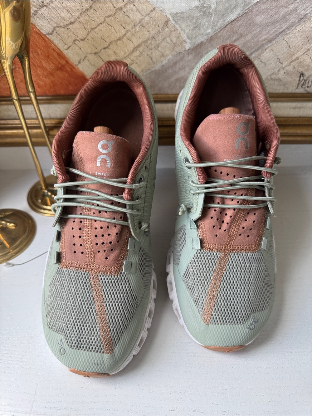 On Women's Lightweight Sneakers in Sage and Dusty Rose